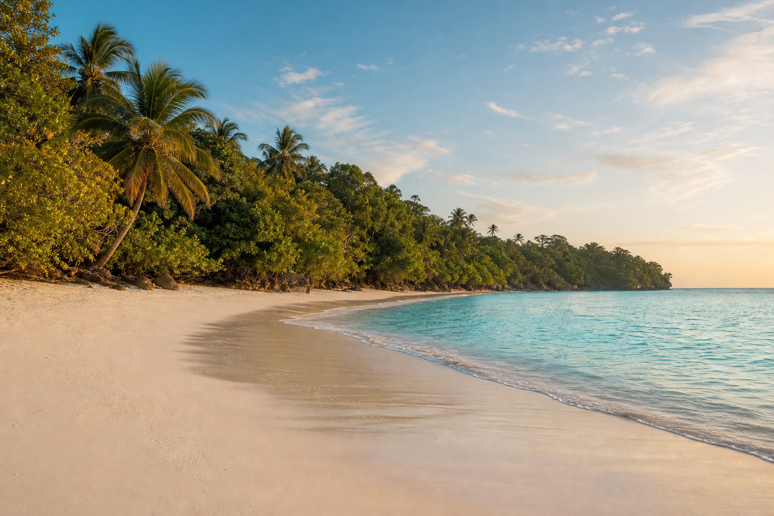 Tropical beach lined with lush forest and palms